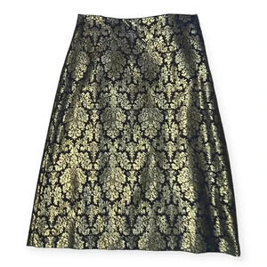 Worthington Womens Skirt 4 Black Gold Metallic Baroque Midi A-Line Side Zip